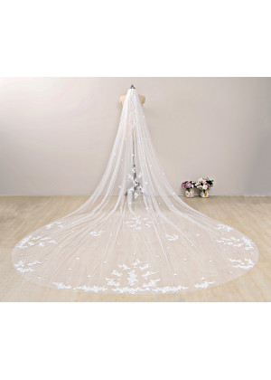 Ivory Scattered Lace Long Wedding Veil Royal Cathedral Veil With 3D Flower